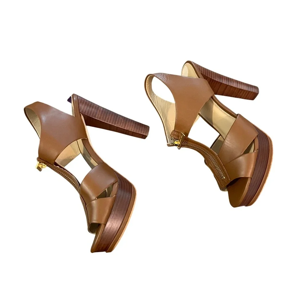 Michael Kors Luggage Brown Leather Zip Front Platform Block Heel Sandals 8.5